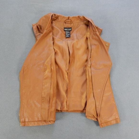 Wet Seal Womens Vest XL Brown Moto Pleather Vegan Faux Leather Studded Zip Snap - Picture 9 of 10